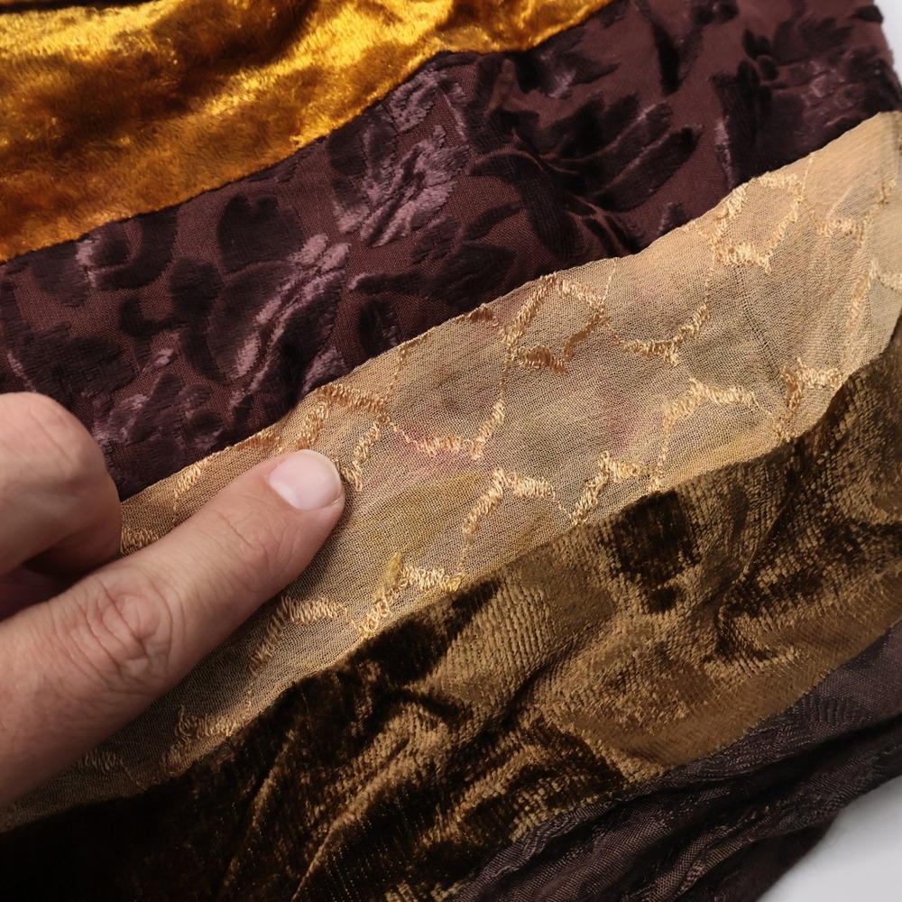 VTG Artsy Mixed Texture Velvet Burnout Scarf Brown Gold Earth Tones Striped SEE - Picture 8 of 9